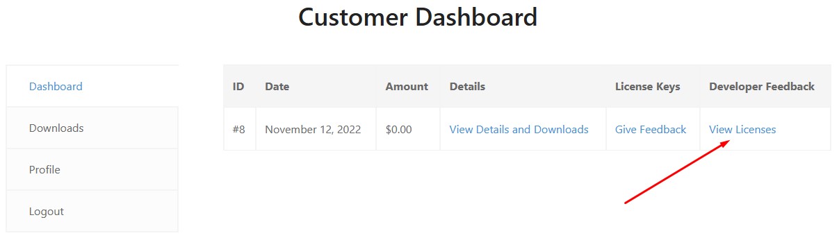 Click on View Licenses on Pluggable Customer Dashboard