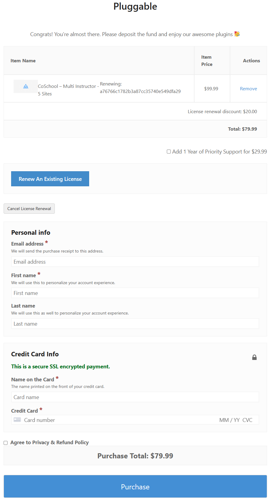 License renewal checkout page